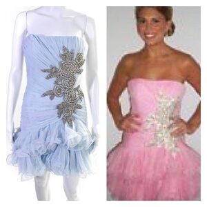 NWT SHERRI HILL Baby Blue Ruched Strapless Ruffle Mini Dress Size 6 Prom Dress
